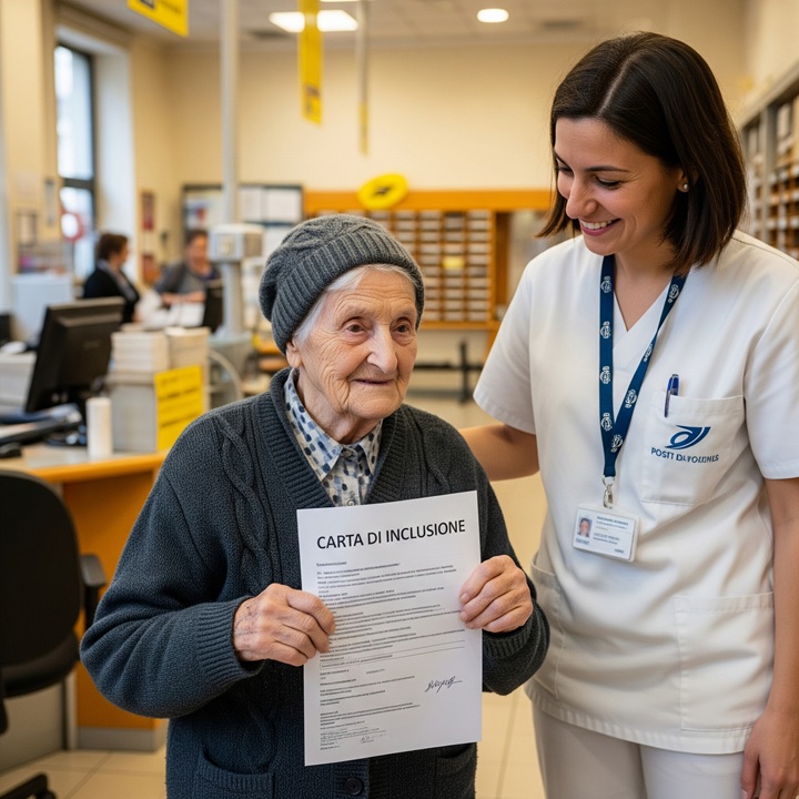 Carta di Inclusione in mano a un anziano e un caregiver, ambientazione sportello Poste, clima positivo