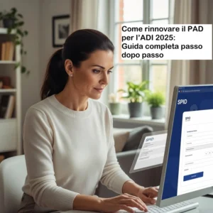 Donna italiana davanti a un computer che compila un modulo digitale con SPID, espressione concentrata