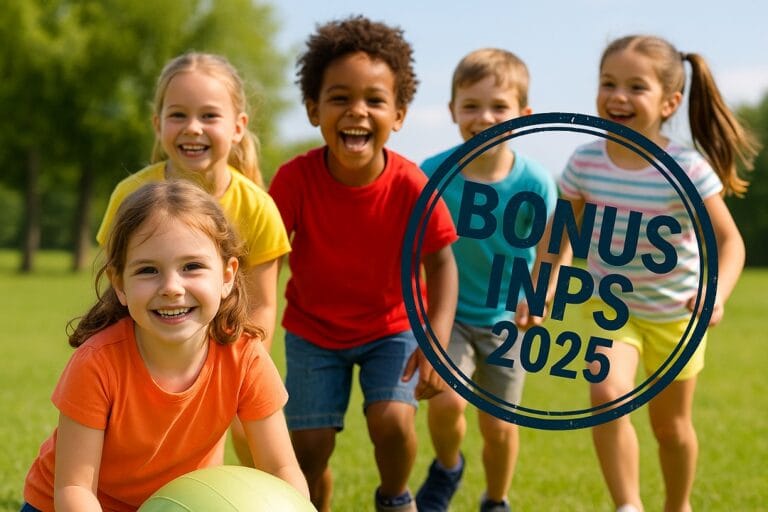 Un gruppo di bambini sorridenti, impegnati in attività ricreative all’aria aperta, con l’immagine di un timbro “Bonus INPS 2025” in sovrimpressione