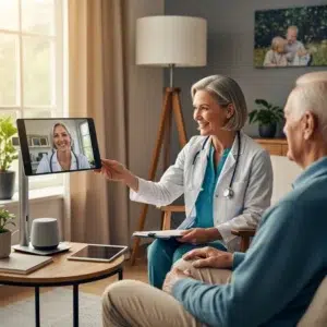 Medico di base in videoconsulto con anziano, ambiente domestico tecnologico ma familiare