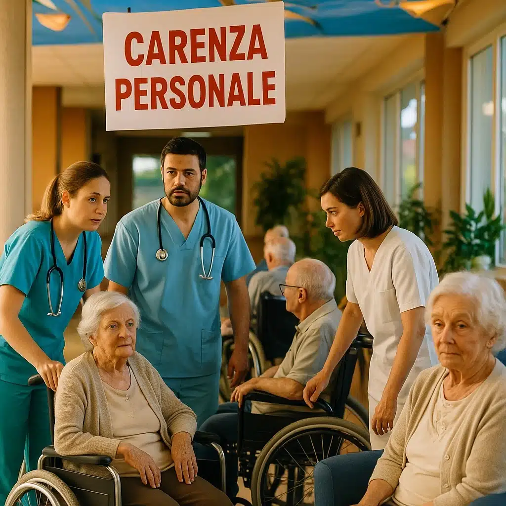 Equipe di OSS e infermieri in una RSA con cartelli ‘Carenza personale’, atmosfera estiva e anziani in attesa