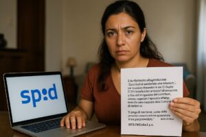 Donna siciliana davanti a un computer con SPID, documento comunale in mano con scritto "Si fa riferimento all’agevolazione 'Contributi di solidarietà una tantum', per ricordare che entro le ore 12:00 del 27 Giugno 2025 i beneficiari ammessi all’agevolazione, al fine dell’erogazione del contributo, devono presentare l’apposita attestazione che sarà rilasciata dal Comune di residenza. Si prega di non tenere conto della presente comunicazione qualora si sia già provveduto. IRFIS-FinSicilia S.p.A.", preoccupata ma determinata