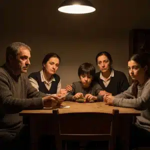 Famiglia italiana seduta a tavola con luce soffusa, atmosfera sobria, espressioni dignitose ma preoccupate
