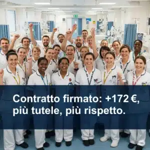 Infermieri e OSS in corsia che esultano, sorridenti, con badge, camice e sfondo ospedaliero. Testo sovrapposto: “Contratto firmato: +172 €, più tutele, più rispetto”.