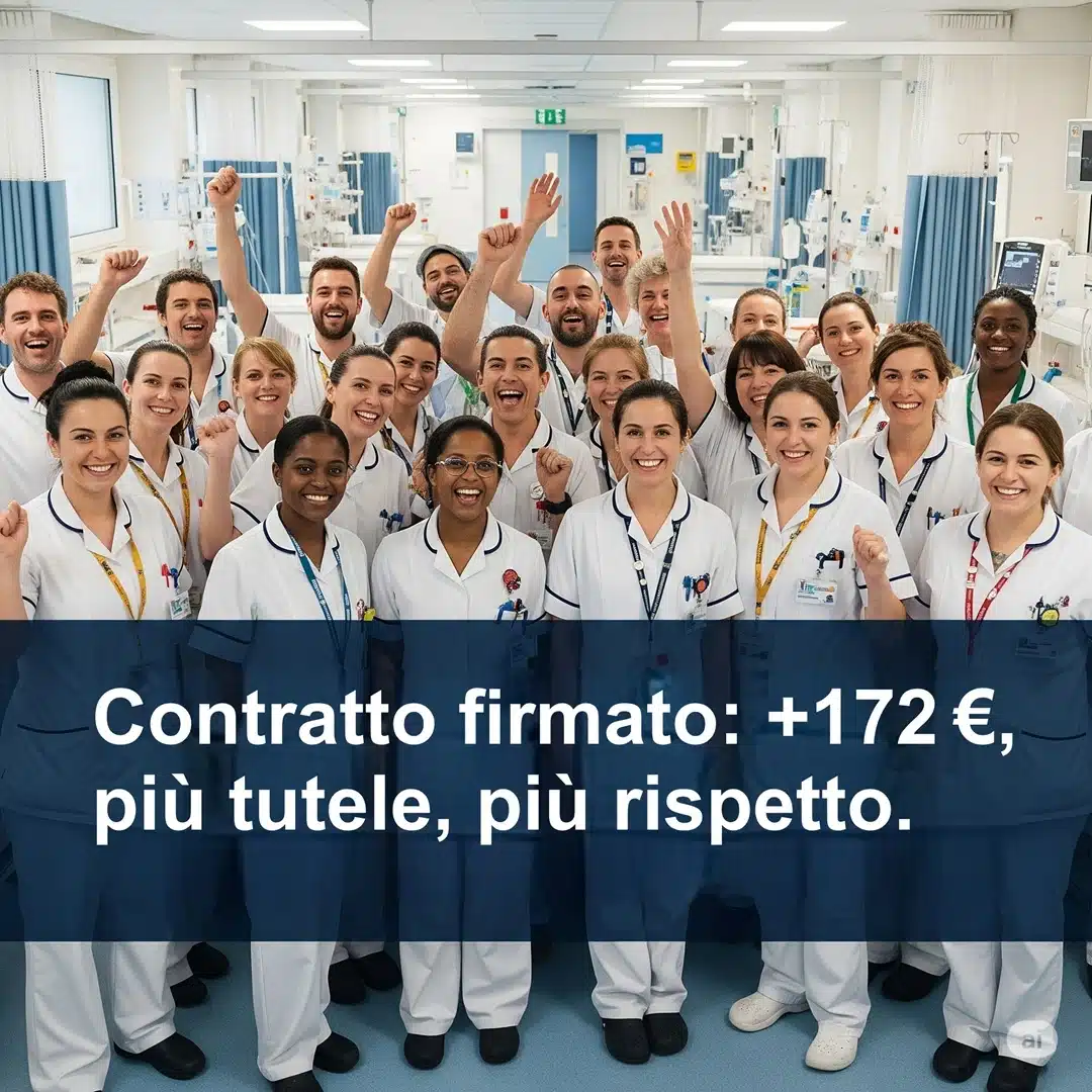 Infermieri e OSS in corsia che esultano, sorridenti, con badge, camice e sfondo ospedaliero. Testo sovrapposto: “Contratto firmato: +172 €, più tutele, più rispetto”.