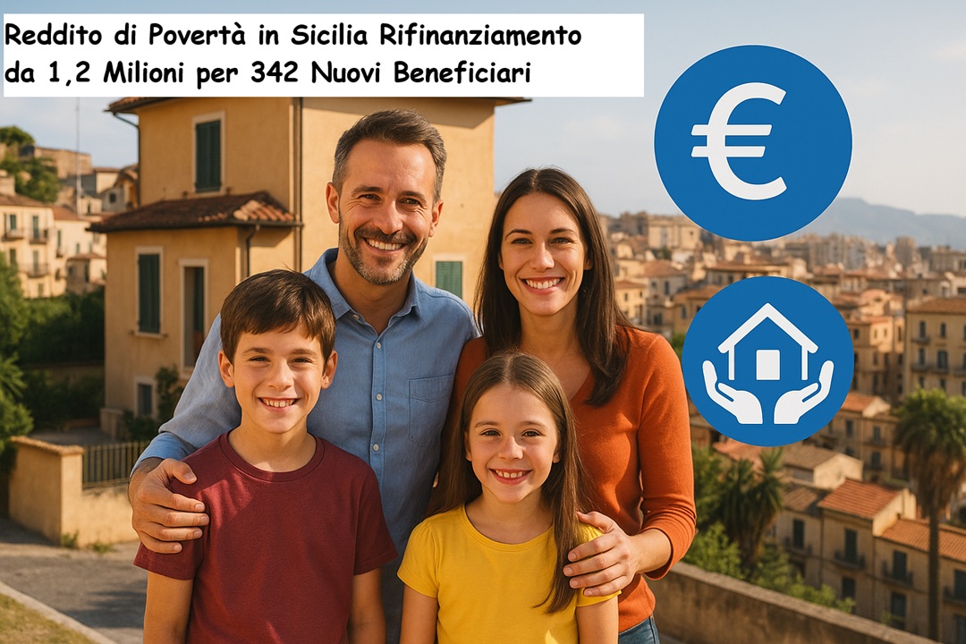 Una famiglia siciliana sorridente davanti alla propria casa, con sfondo di paesaggio urbano siciliano e simboli di sostegno economico.