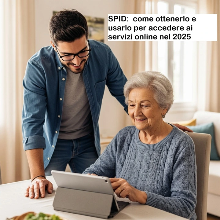 Una persona anziana, affiancata da un familiare o assistente, seduta al tavolo con un tablet, mentre accede a un servizio online tramite SPID
