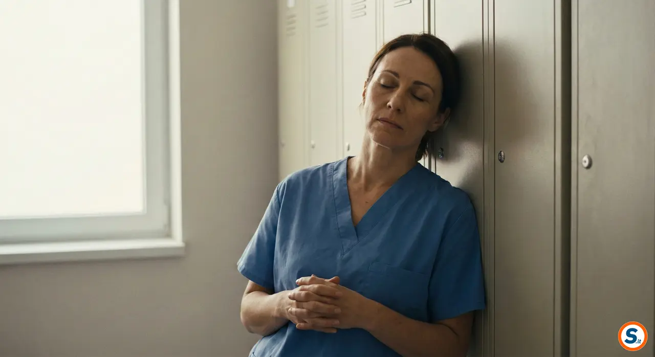Infermiera stanca riposa seduta in corridoio ospedale, simbolo di burnout operatori sanitari.