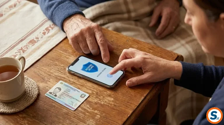 Figlia aiuta padre anziano a usare lo SPID su smartphone con carta d'identità sul tavolo.