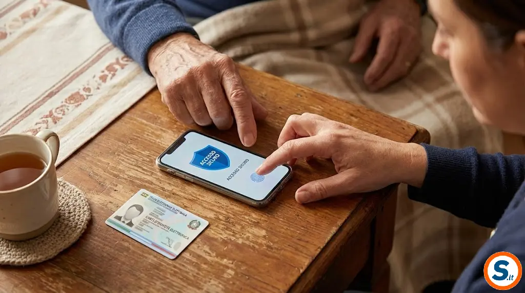 Figlia aiuta padre anziano a usare lo SPID su smartphone con carta d'identità sul tavolo.