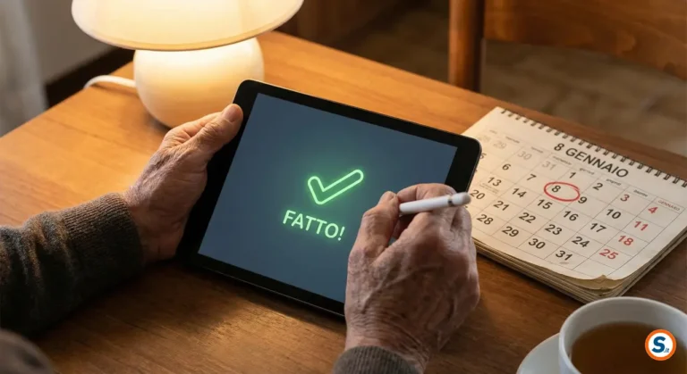 Anziano aggiorna lo stato del PAD ADI su tablet con successo.