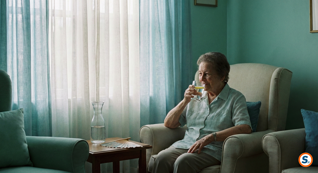Anziano beve acqua in casa fresca con tende tirate per proteggersi dal caldo.