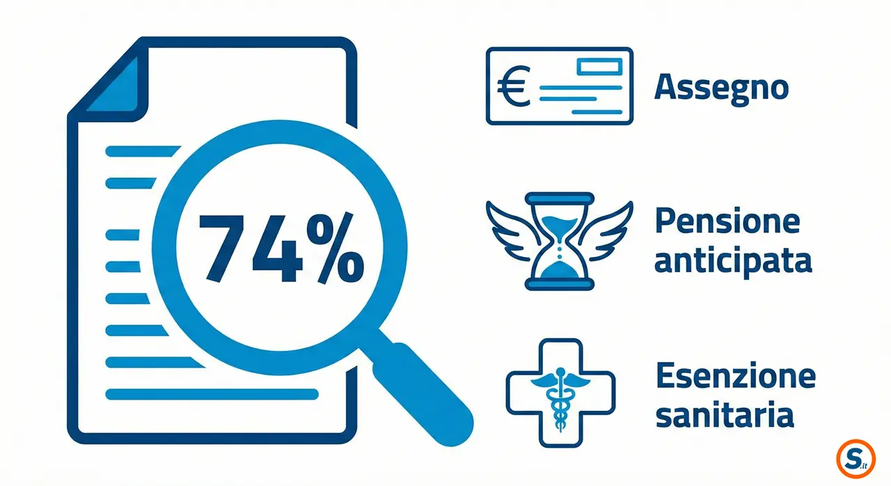 Infografica stilizzata sui benefici dell'invalidità civile al 74%: lente d'ingrandimento sulla percentuale e icone di assegno mensile, pensione anticipata ed esenzioni sanitarie.