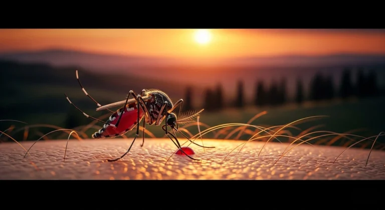 Zanzara su pelle umana al tramonto, con sfondo sfocato di una campagna italiana estiva, atmosfera di allarme sanitario, colori caldi ma inquietant