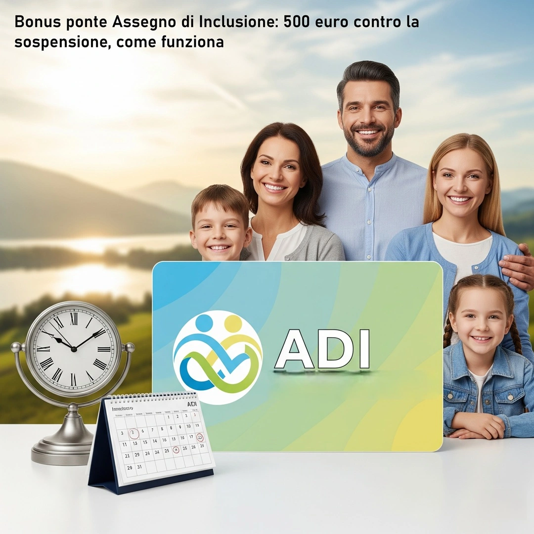 Una famiglia sorridente davanti alla Carta di Inclusione ADI con sfondo chiaro e rassicurante, simbolo di stabilità e futuro. A lato, un orologio e un calendario per simboleggiare il tempo tra i cicli.
