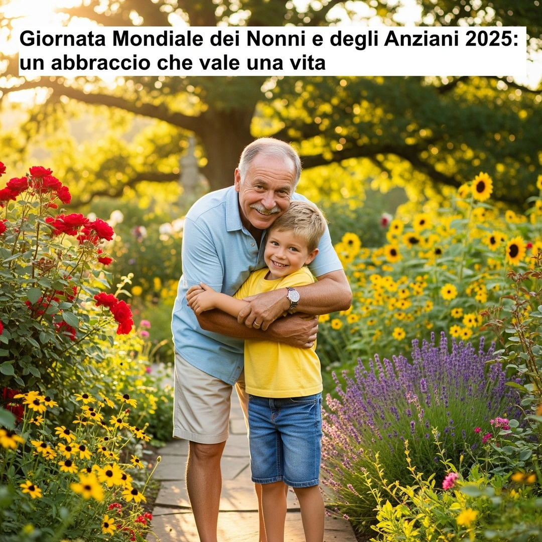 Nonno e nipote che si abbracciano in un giardino estivo