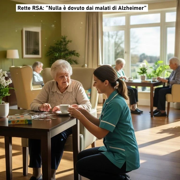 Un’anziana signora affetta da Alzheimer assistita da un’infermiera in una RSA moderna, atmosfera di serenità e professionalità,