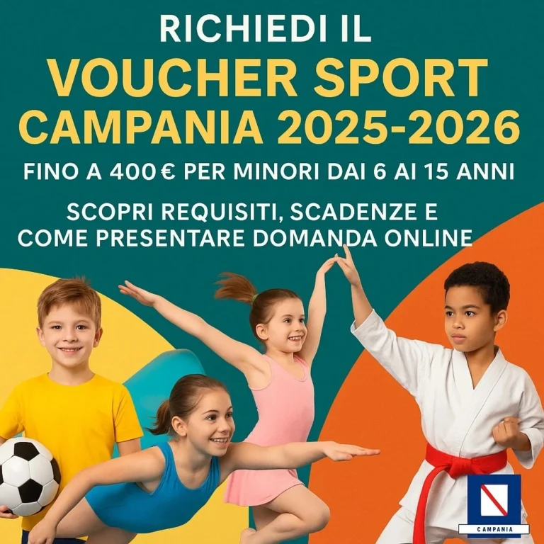 bambini che praticano diversi sport (calcio, nuoto, danza, arti marziali), logo Regione Campania e testo: ‘Voucher Sport Campania 2025 – Bonus 400 €