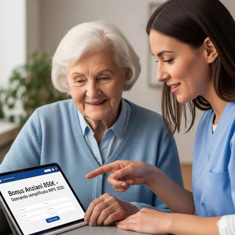 "Un’anziana sorridente con il caregiver mentre consultano insieme un tablet per presentare la domanda online all’INPS. Sfondo chiaro, stile professionale e rassicurante. Testo: Bonus Anziani 850 € – Domanda semplificata INPS 2025.