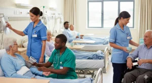 équipe sanitaria in reparto geriatrico: infermiere, OSS e nuova figura Assistente Infermiere che collaborano con un’anziana paziente