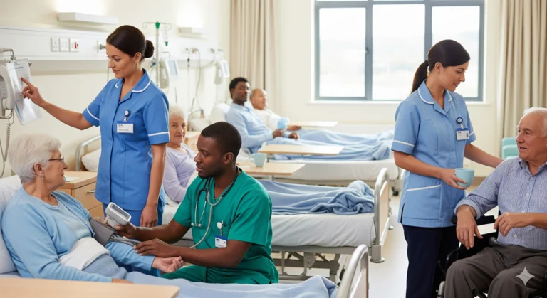 équipe sanitaria in reparto geriatrico: infermiere, OSS e nuova figura Assistente Infermiere che collaborano con un’anziana paziente