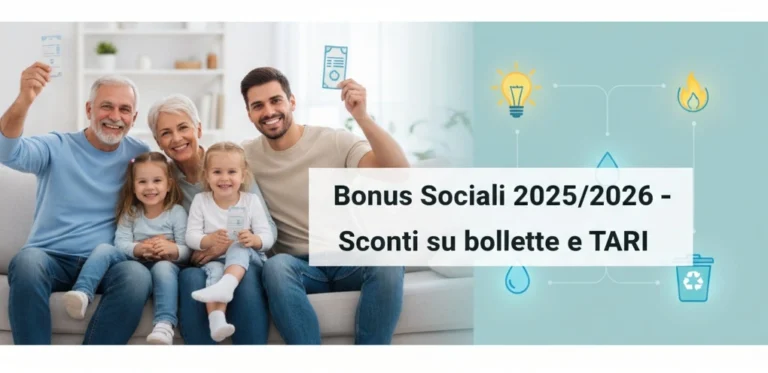 famiglie e anziani sorridenti in casa, con bollette e icone di luce, gas, acqua e TARI stilizzate