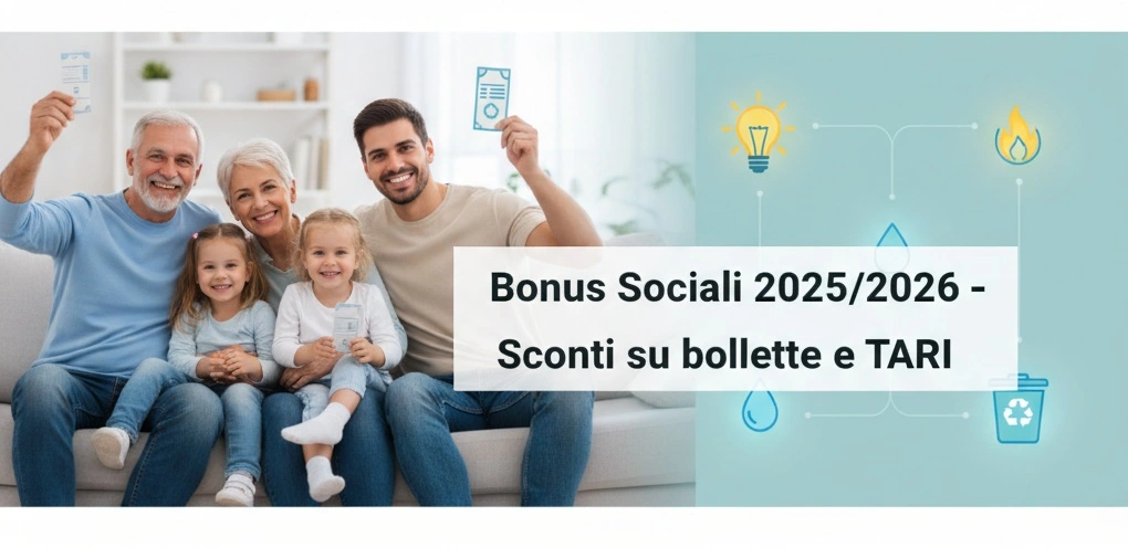 famiglie e anziani sorridenti in casa, con bollette e icone di luce, gas, acqua e TARI stilizzate