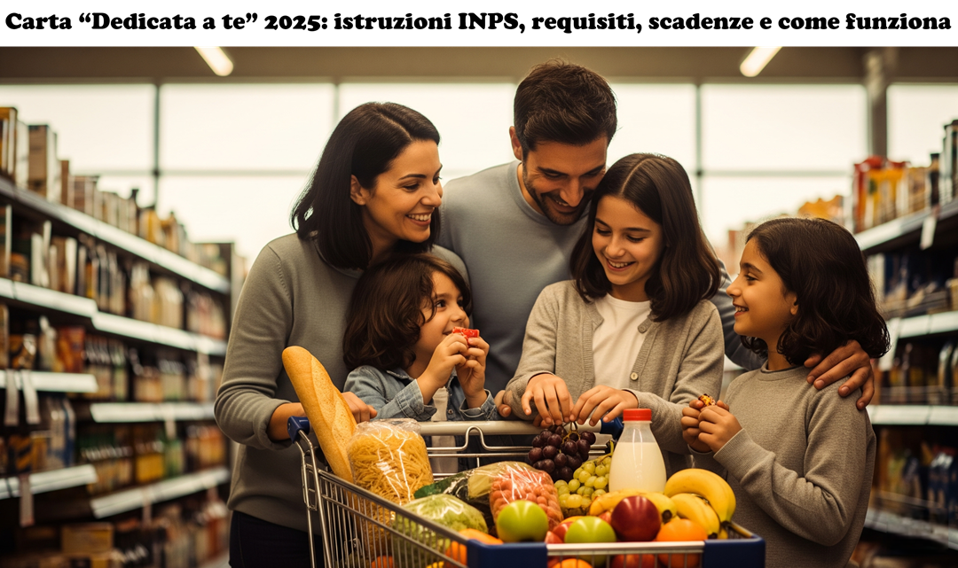 Famiglia italiana sorridente al supermercato con carrello contenente beni di prima necessità (pane, pasta, latte, frutta)