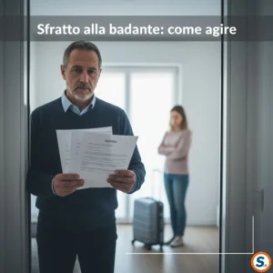 proprietario sull’uscio con documenti in mano (diffida), dietro la porta una valigia e la figura sfumata di una badante