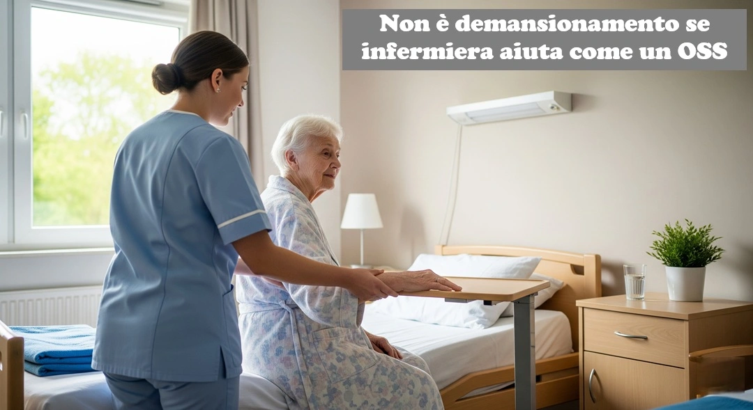 infermiera in divisa che assiste un paziente anziano in camera di RSA