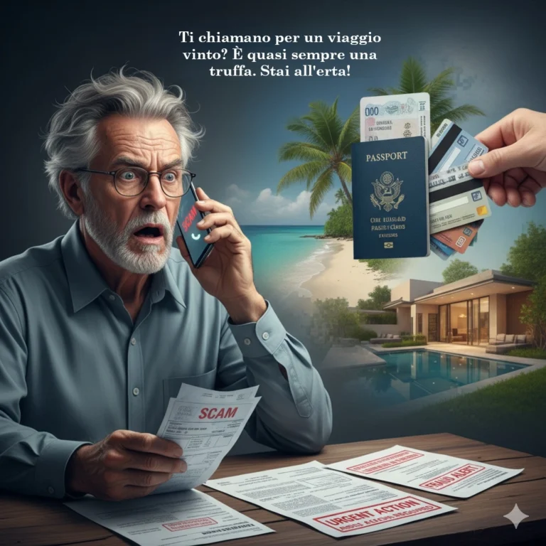 Un anziano sorpreso al telefono mentre riceve una chiamata truffaldina, con in sottofondo immagini di viaggi esotici e documenti sospetti