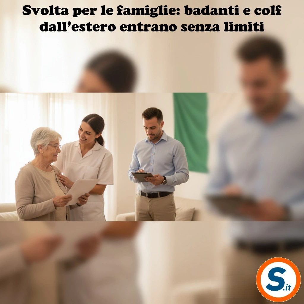 badante sorridente che aiuta un’anziana in casa, presenza discreta di un tecnico che controlla documenti, sullo sfondo una bandiera italiana sfumata