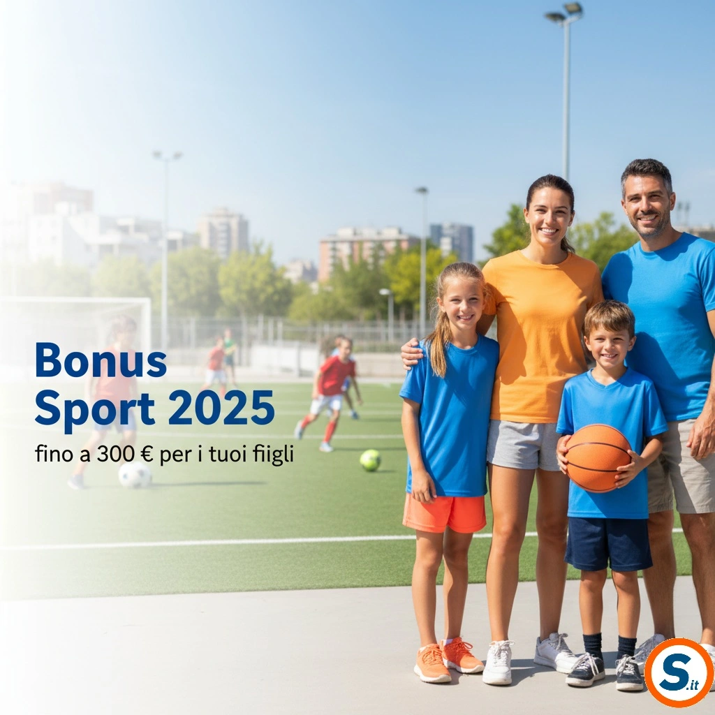 famiglia felice in un campo sportivo cittadino, scene di calcio e pallacanestro sullo sfondo, stile fotografico pulito e luminoso