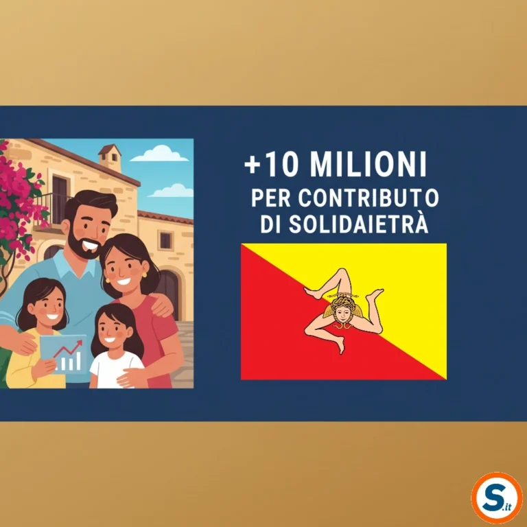 Famiglia siciliana riceve sostegno economico, grafica con simbolo Regione Siciliana e scritta +10 milioni per contributo di solidarietà