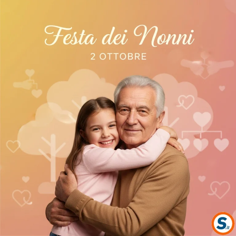 Nonno e nipote sorridenti in un abbraccio, sfondo sfumato con simboli di famiglia e amore