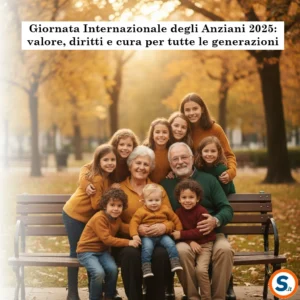 na nonna e un nonno sorridenti seduti su una panchina, circondati da nipoti di diverse età che li abbracciano, ambiente urbano con alberi autunnali