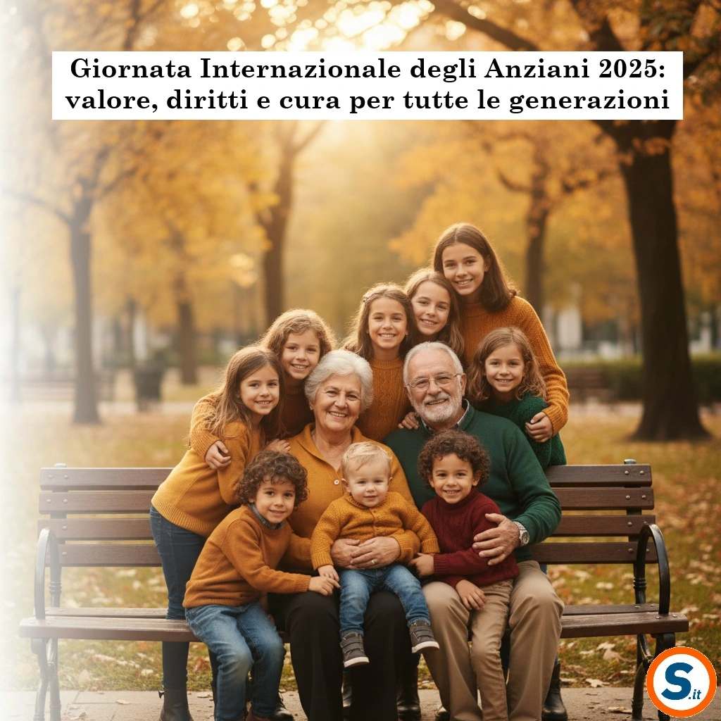 na nonna e un nonno sorridenti seduti su una panchina, circondati da nipoti di diverse età che li abbracciano, ambiente urbano con alberi autunnali