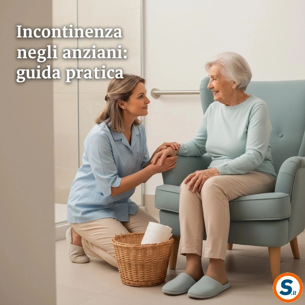 una caregiver aiuta con rispetto un'anziana sorridente seduta su una poltrona vicino al bagno