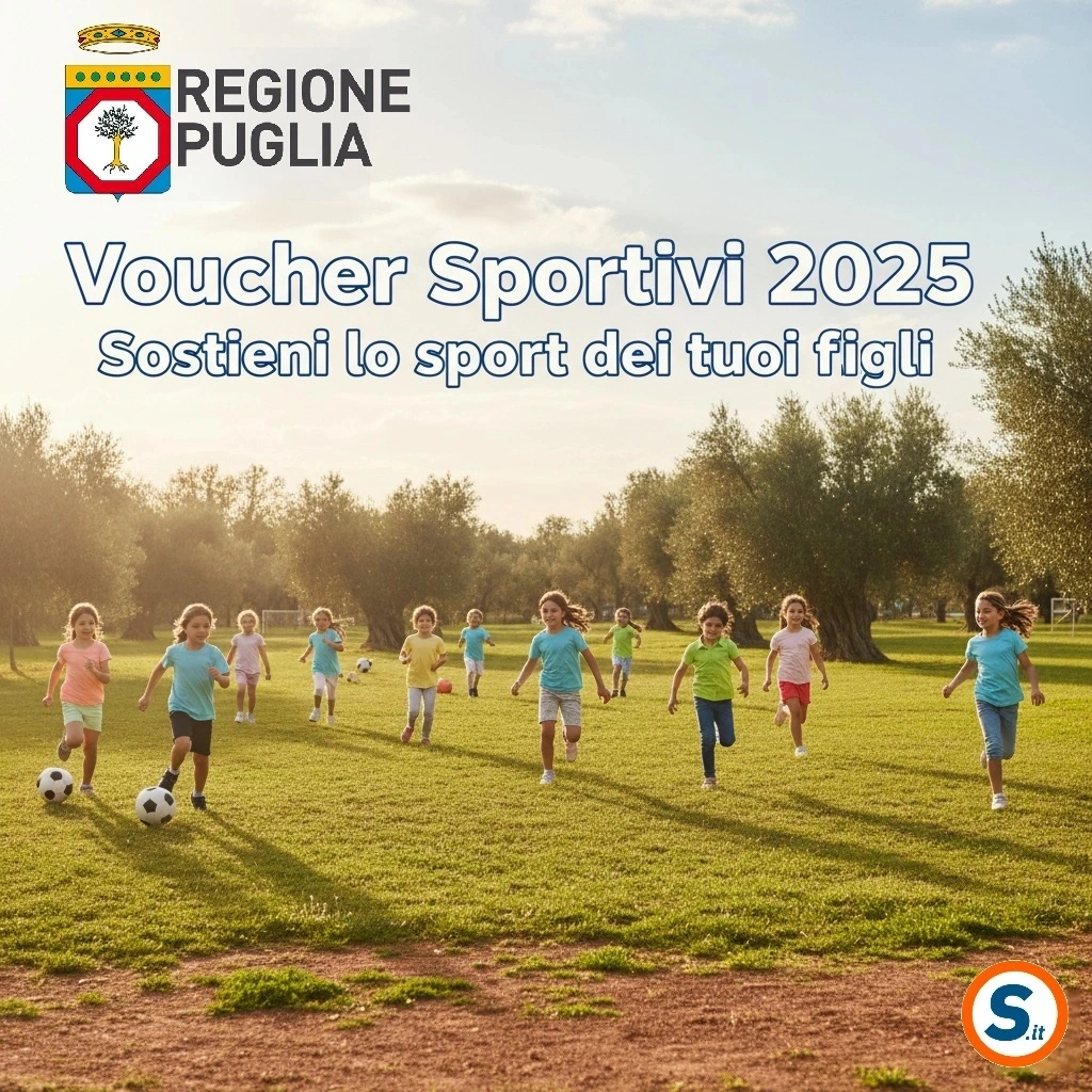 bambini che praticano sport all’aperto in gruppo, con il logo della Regione Puglia e il testo ‘Voucher Sportivi 2025 – Sostieni lo sport dei tuoi figli’