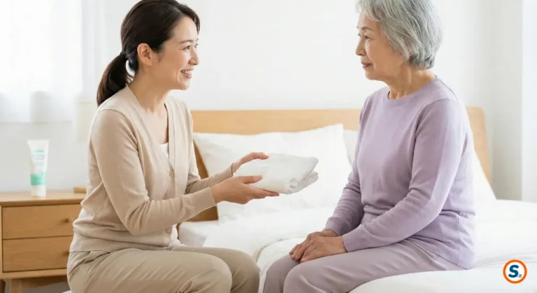 Caregiver porge mutandina assorbente ad anziana seduta sul letto in ambiente sereno.