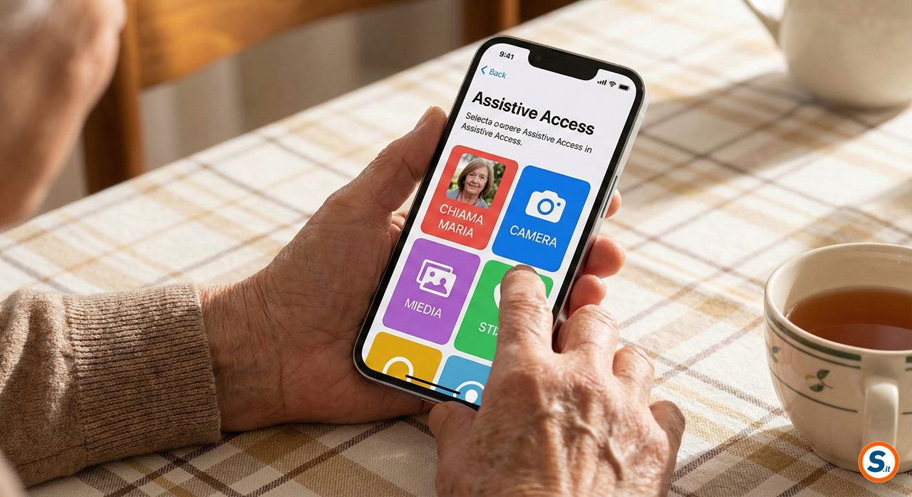 Mani di persona anziana tengono un iPhone con modalità Accesso Assistito attiva e icone giganti sullo schermo.