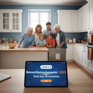 Famiglia e anziani in cucina moderna con nuovo elettrodomestico, voucher digitale in evidenza con scritta ‘Bonus Elettrodomestici 2025 – Click Day 18 novembre’