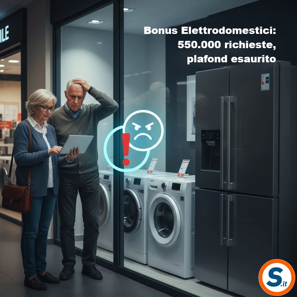 Coppia di anziani perplessi davanti a elettrodomestici in uno showroom, con un'icona di errore digitale sovrapposta e il testo "Bonus Elettrodomestici: 550.000 richieste, plafond esaurito"