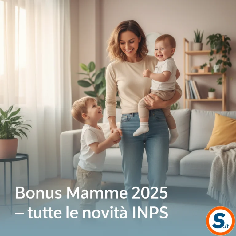 Madre lavoratrice sorridente con due figli piccoli. Testo sovrapposto: ‘Bonus Mamme 2025 — tutte le novità INPS
