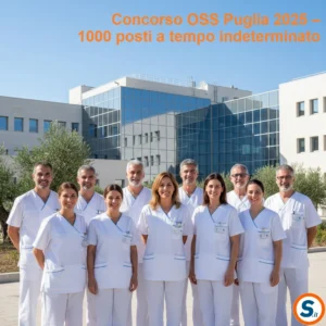 Un gruppo di operatori socio-sanitari in divisa bianca e azzurra, sorridenti, davanti a un ospedale moderno in Puglia