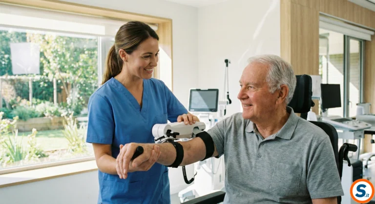 Fisioterapista sorridente assiste un paziente anziano durante esercizi di riabilitazione al braccio in un reparto ospedaliero moderno e luminoso.