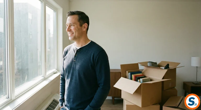Un uomo di mezza età con un'espressione serena e di speranza guarda fuori da una grande finestra soleggiata in un appartamento semiarredato, circondato da scatoloni del trasloco