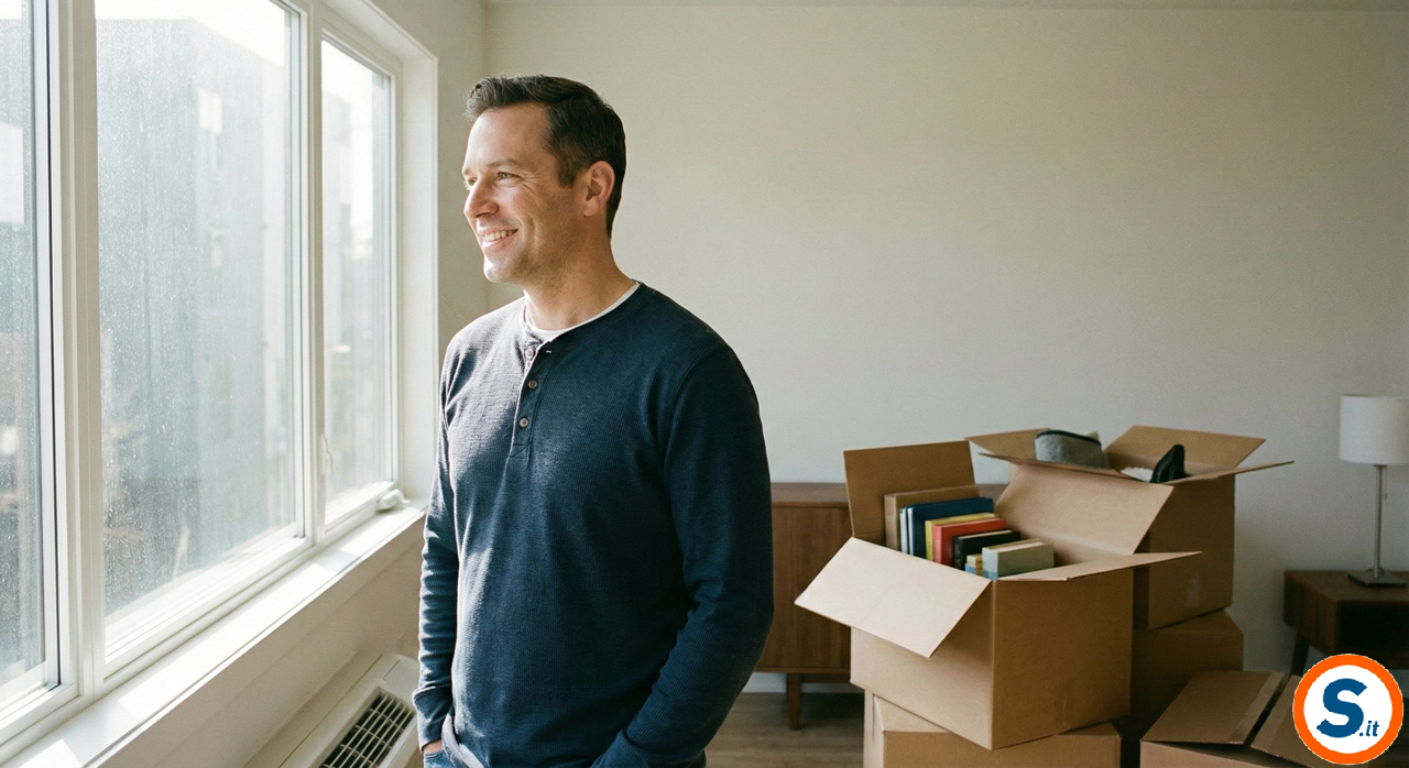 Un uomo di mezza età con un'espressione serena e di speranza guarda fuori da una grande finestra soleggiata in un appartamento semiarredato, circondato da scatoloni del trasloco