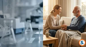 Composizione a schermo diviso. A sinistra, uno sfondo sfocato con toni freddi mostra un laboratorio di ricerca con provette e strutture molecolari. A destra, in un salotto caldo e luminoso, una donna sorridente tiene affettuosamente la mano a un uomo anziano seduti su un divano.