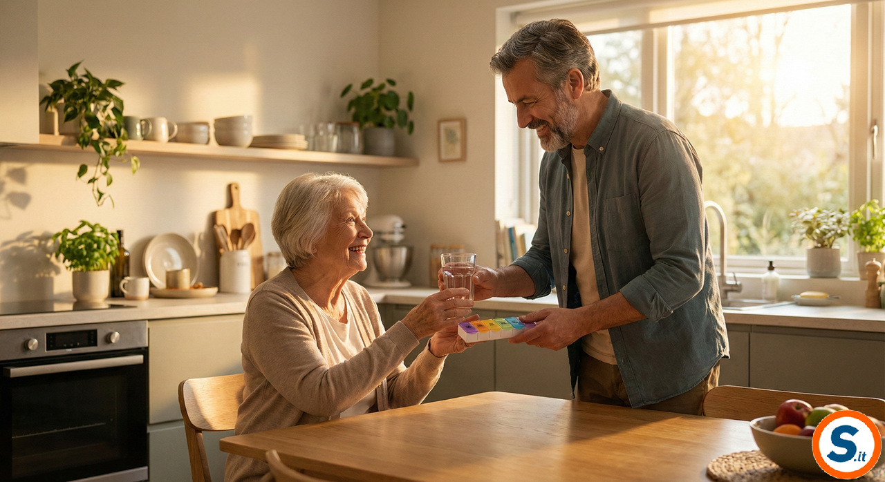 Caregiver sorridente porge un bicchiere d'acqua e un portapillole settimanale a una donna anziana seduta in una cucina luminosa e moderna